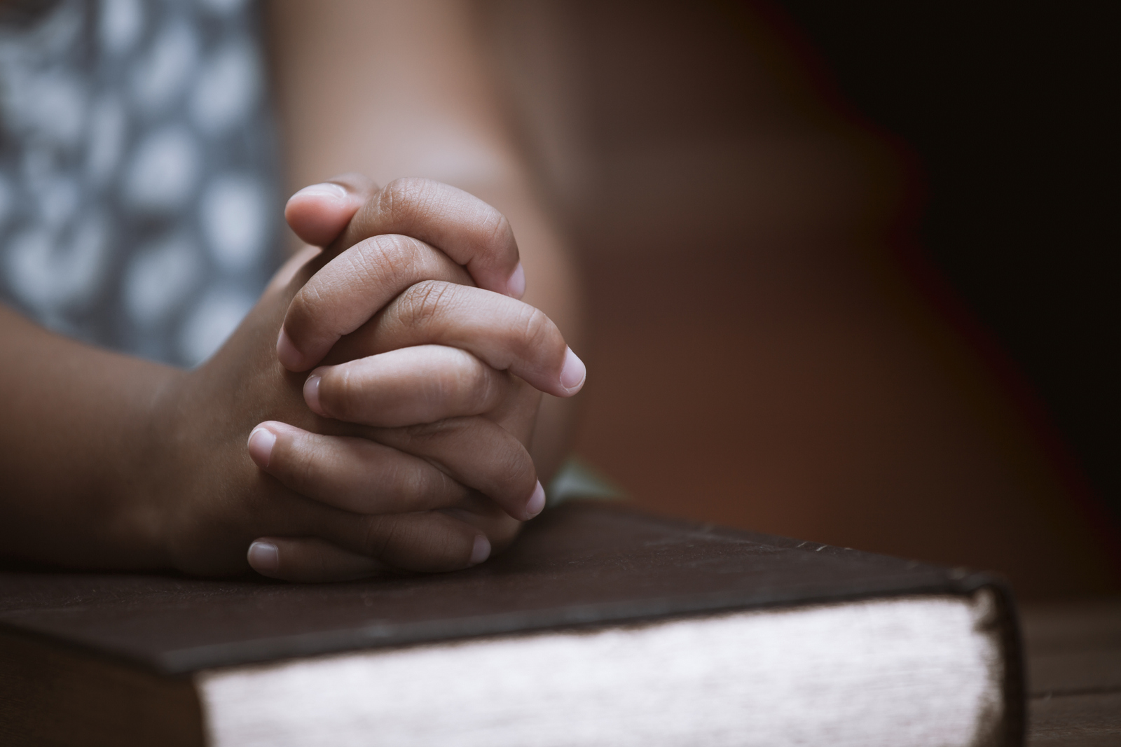 Little girl hands folded in prayer on a Holy Bible in church  fo