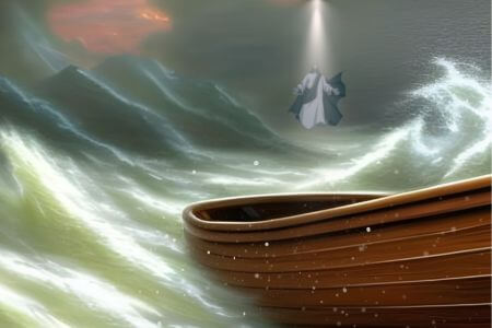看見耶穌在海面上行走，臨近了船，便害怕起來。